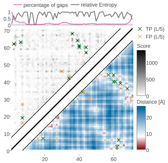 Contact maps predicted for protein 1c75A00. Upper left matrices show predicted contact maps and lower right matrices show the native distance maps. Top Left Contact map computed from probabilities of contacts as given by random forest model that has been trained on sequence features and pseudo-likelihood contact scores Top Right Contact map computed from posterior probability estimates given by Bayesian model utilizing a three component Gaussian mixture model and is based on pseudo-likelihood couplings. Bottom Left Contact map computed from log likelihood of contacts according to the Bayesian model utilizing a three component Gaussian mixture model and is based on pseudo-likelihood couplings. Bottom Right Contact map computed from probabilities of contacts as given by random forest model that has been trained on sequence features only.