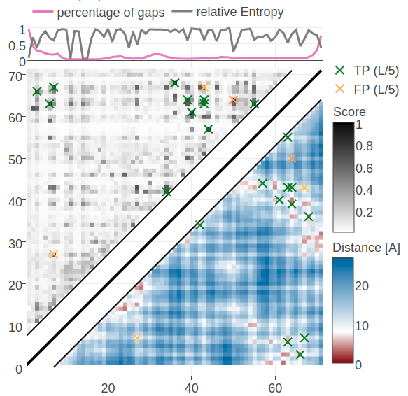 Contact maps predicted for protein 1c75A00. Upper left matrices show predicted contact maps and lower right matrices show the native distance maps. Top Left Contact map computed from probabilities of contacts as given by random forest model that has been trained on sequence features and pseudo-likelihood contact scores Top Right Contact map computed from posterior probability estimates given by Bayesian model utilizing a three component Gaussian mixture model and is based on pseudo-likelihood couplings. Bottom Left Contact map computed from log likelihood of contacts according to the Bayesian model utilizing a three component Gaussian mixture model and is based on pseudo-likelihood couplings. Bottom Right Contact map computed from probabilities of contacts as given by random forest model that has been trained on sequence features only.